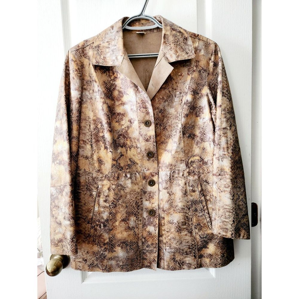 Chicos Womens beige‎ gold natural Genuine leather reversible jacket Coat size 1